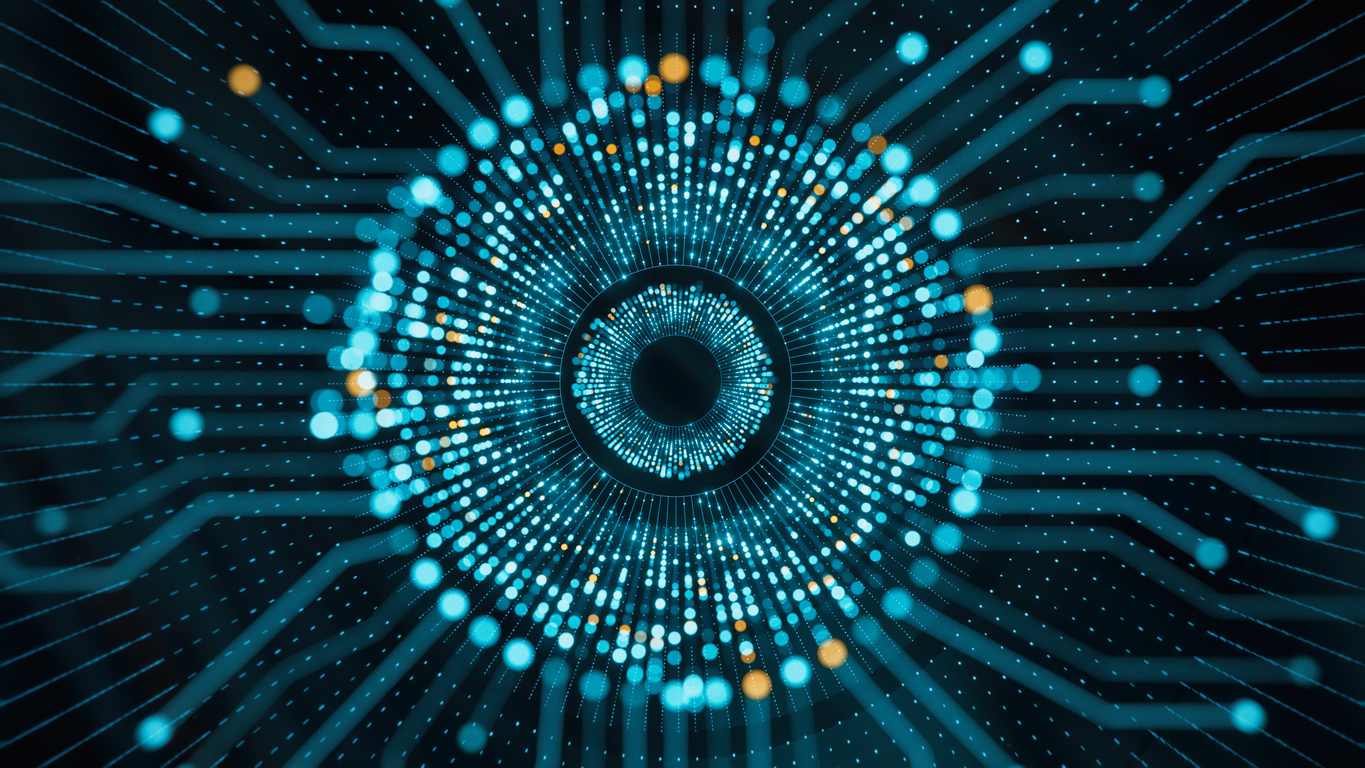 A futuristic digital eye on a circuit board, symbolising artificial intelligence.